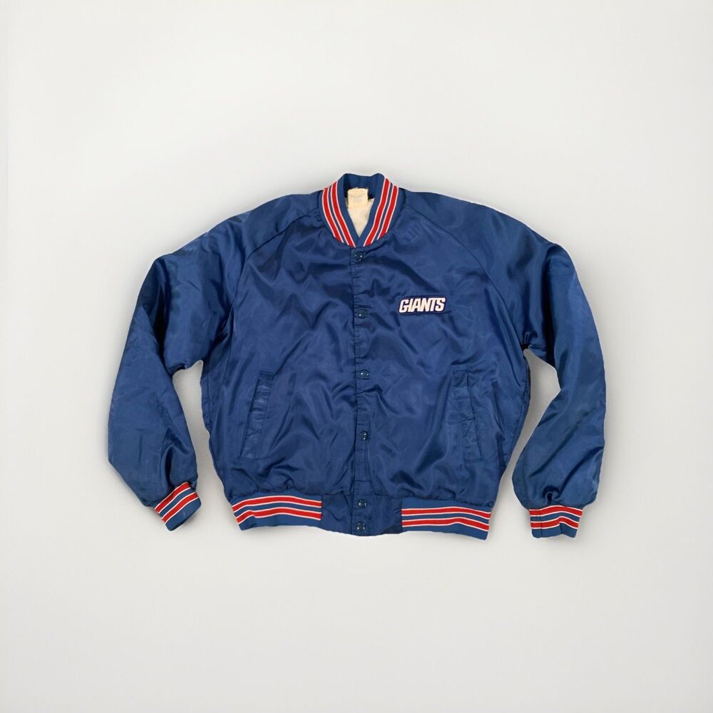 Chalkline Vintage 90s NFL New York Giants Satin Bomber Jacket Size L Blue Snags